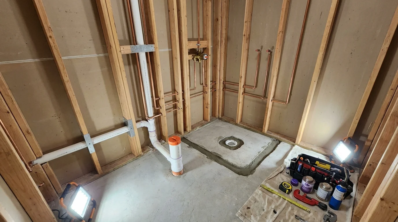 Bathroom rough-in plumbing during remodel by Johns Plumbing LLC in Saint Louis