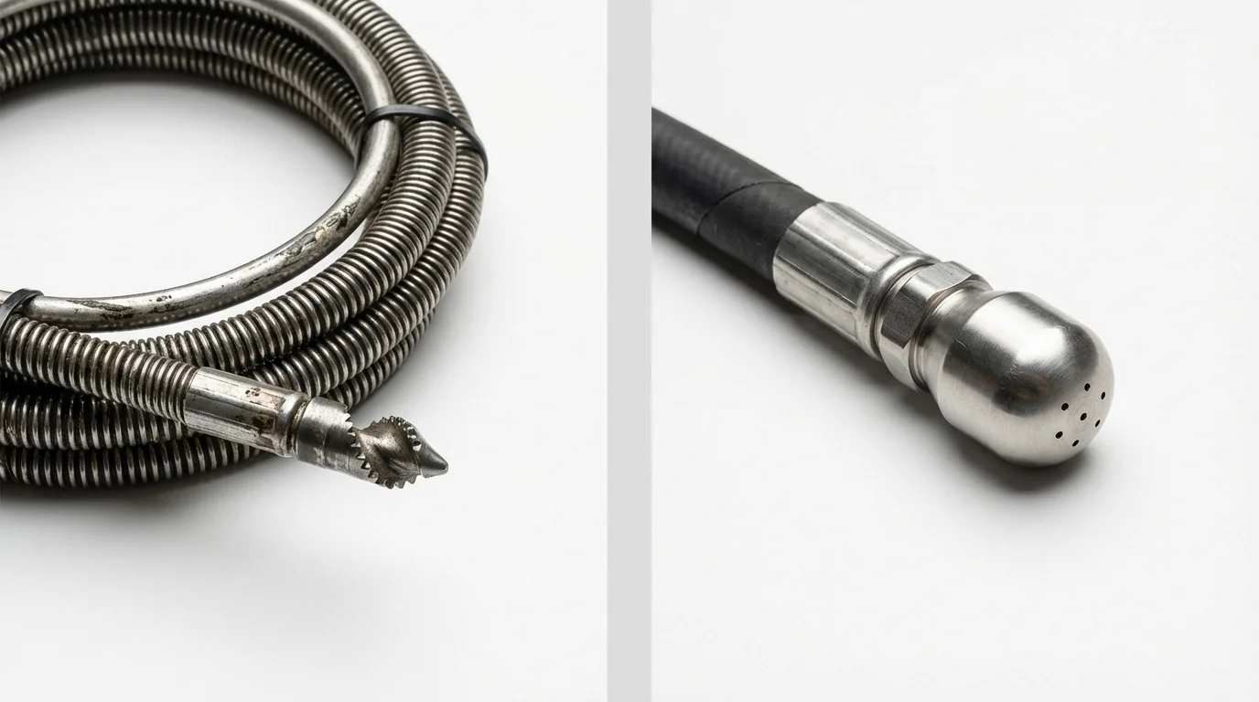 Drain snake cable and hydro jetting nozzle used for drain cleaning in Saint Louis, MI