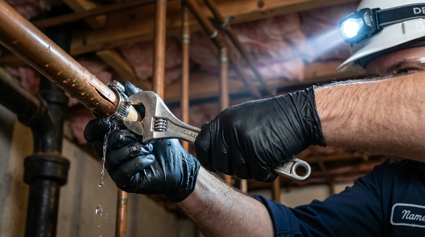 Emergency pipe clamp repair being performed by a Johns Plumbing LLC plumber in Saint Louis