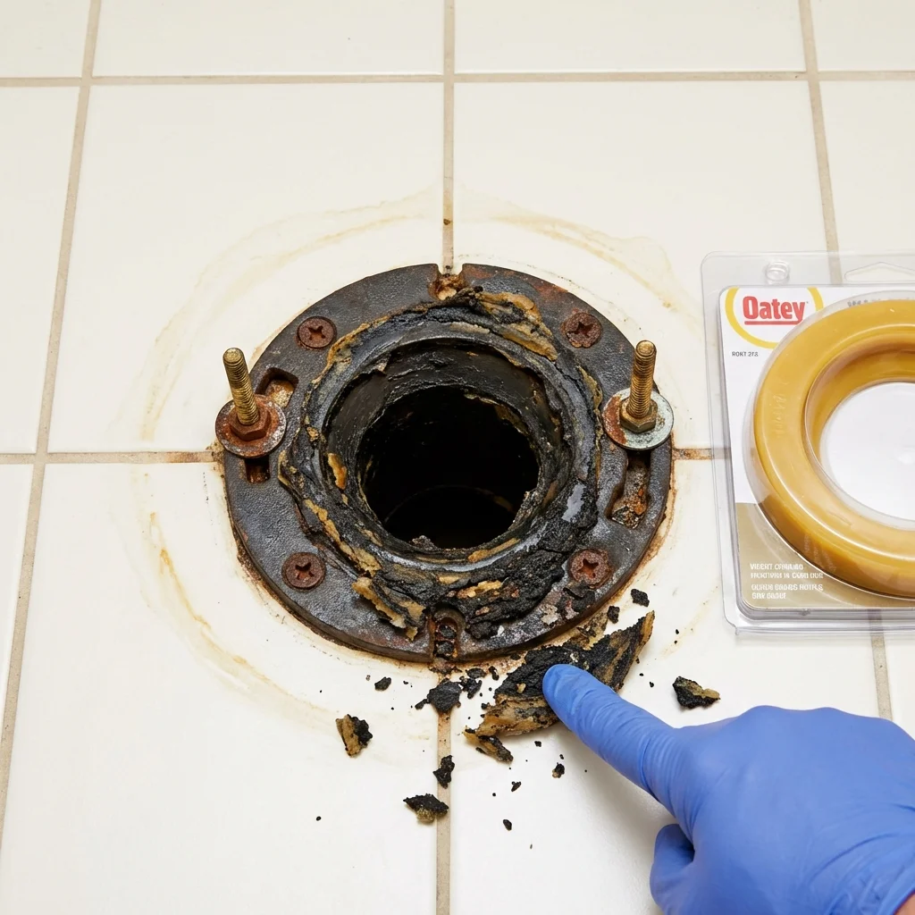 Failed wax ring showing water seepage at the base of a toilet in a Saint Louis, MI home
