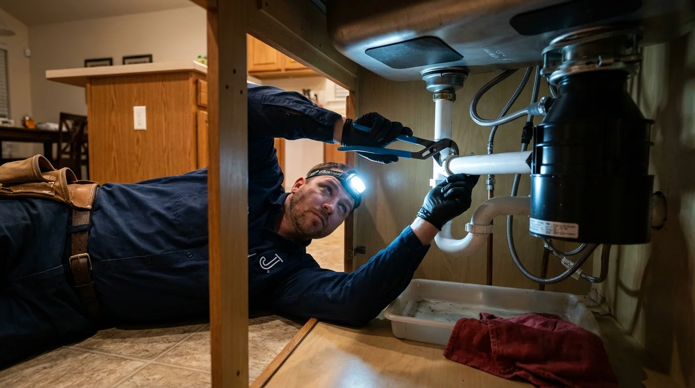 P-trap and supply line connections under a kitchen sink showing a common leak point in Saint Louis, MI